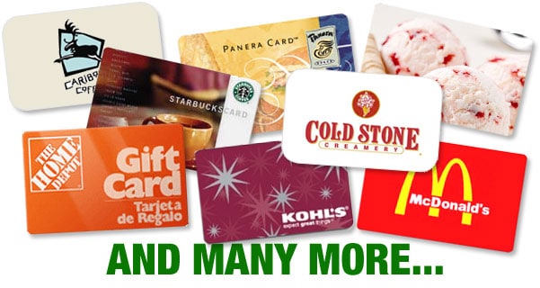 Gift Cards from a variety of stores
